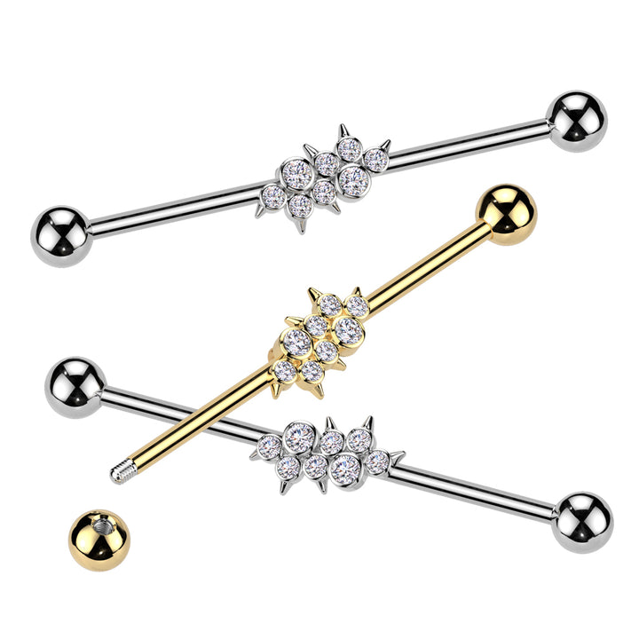 316L Surgical Steel Gold PVD White CZ Bezel Spike Gem Cluster Industrial Barbell - Pierced Universe