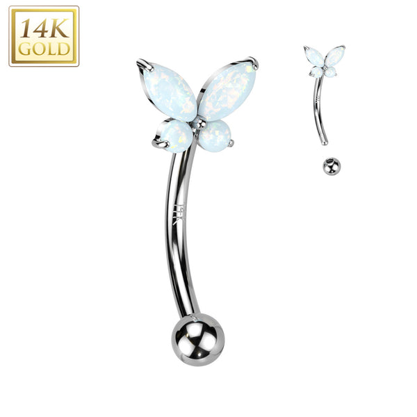 14kt White Gold White Opal Small Dainty Butterfly Curved Barbell - Pierced Universe