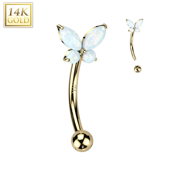 14kt Yellow Gold White Opal Small Dainty Butterfly Curved Barbell - Pierced Universe