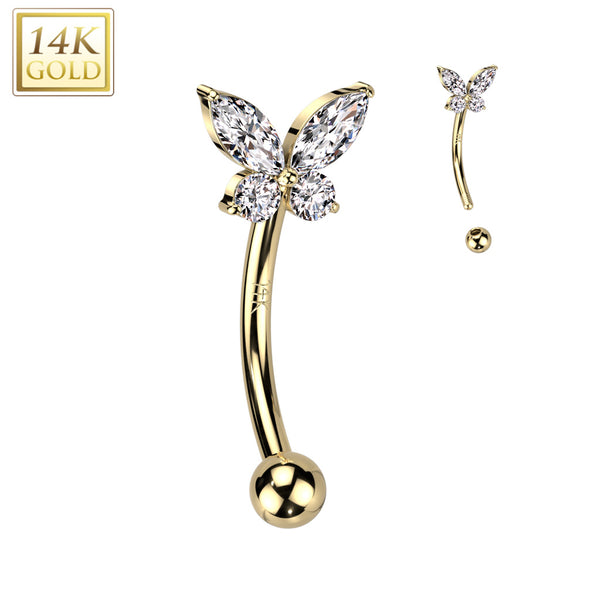 14kt Yellow Gold White CZ Small Dainty Butterfly Curved Barbell - Pierced Universe