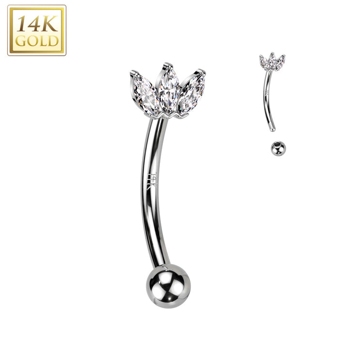 14kt White Gold White CZ Triple Marquise Gem Curved Barbell - Pierced Universe