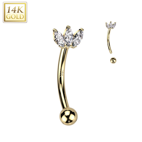 14kt Yellow Gold White CZ Triple Marquise Gem Curved Barbell - Pierced Universe