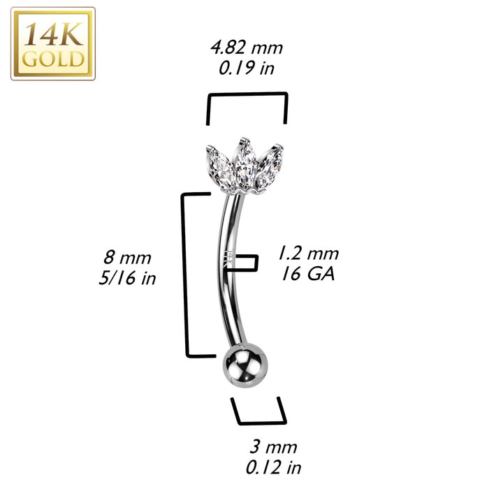 14kt White Gold White CZ Triple Marquise Gem Curved Barbell - Pierced Universe