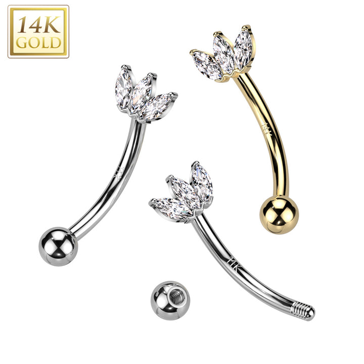 14kt White Gold White CZ Triple Marquise Gem Curved Barbell - Pierced Universe
