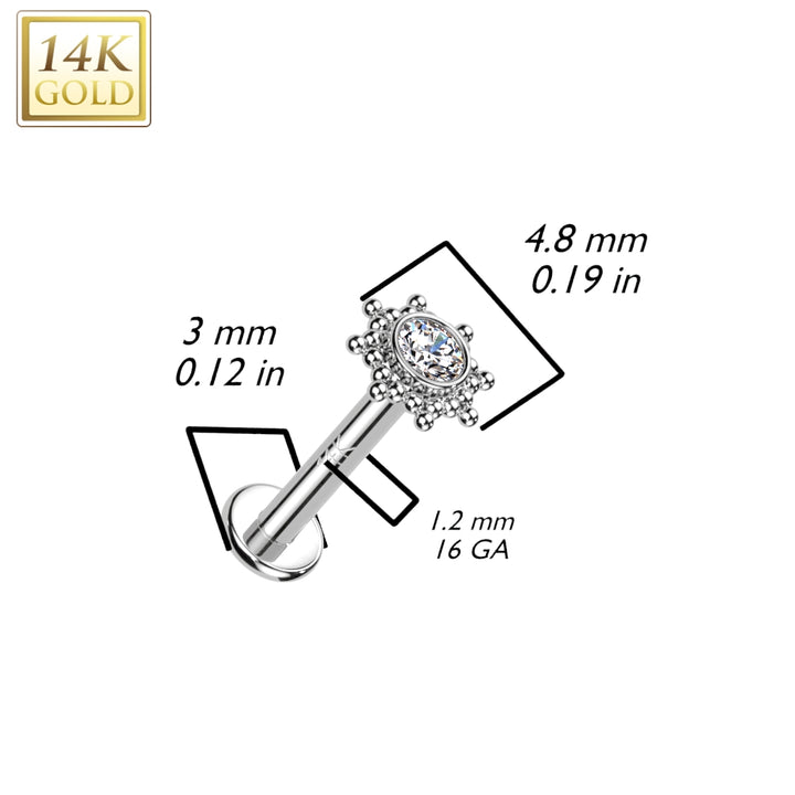 14KT Yellow Gold White CZ Beaded Internally Threaded Flat Back Labret - Pierced Universe