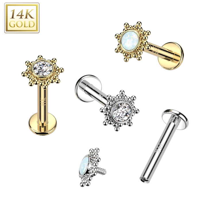 14KT Yellow Gold White Opal Beaded Internally Threaded Flat Back Labret - Pierced Universe