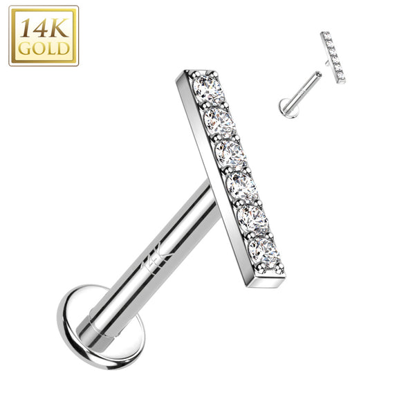 14KT White Gold White CZ Bar Internally Threaded Flat Back Labret - Pierced Universe
