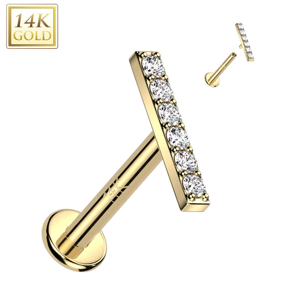 14KT Yellow Gold White CZ Bar Internally Threaded Flat Back Labret - Pierced Universe