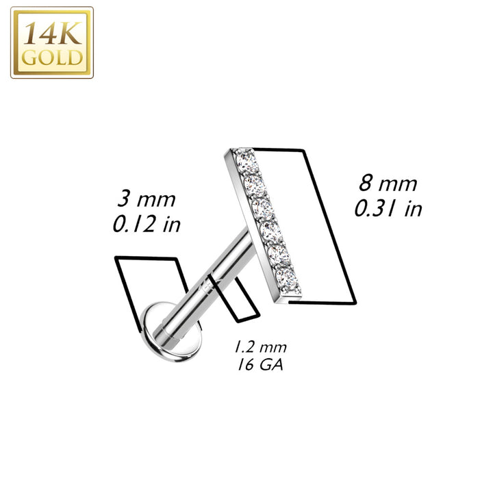 14KT White Gold White CZ Bar Internally Threaded Flat Back Labret - Pierced Universe