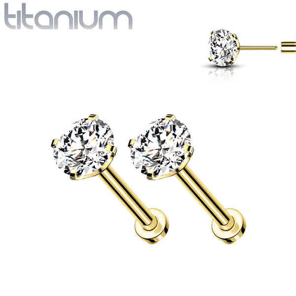 Pair Of Implant Grade Titanium Gold PVD White CZ Threadless Push In Earring Studs With Flat Back - Pierced Universe