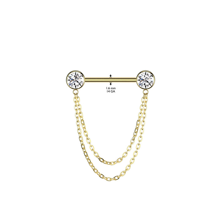 Implant Grade Titanium Red CZ Bezel Chain Dangle Threadless Push In Straight Barbell Nipple Ring - Pierced Universe