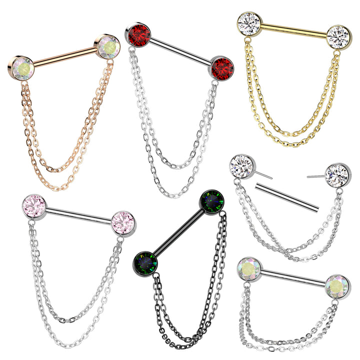 Implant Grade Titanium Red CZ Bezel Chain Dangle Threadless Push In Straight Barbell Nipple Ring - Pierced Universe