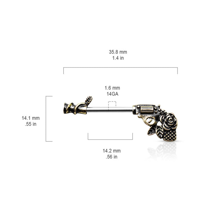 316L Surgical Steel Gun Pistol With Rose Handle Nipple Ring Straight Barbell - Pierced Universe
