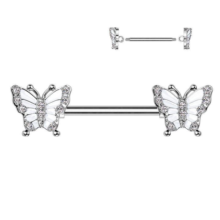 316L Surgical Steel White CZ Butterfly Nipple Ring Straight Barbell - Pierced Universe