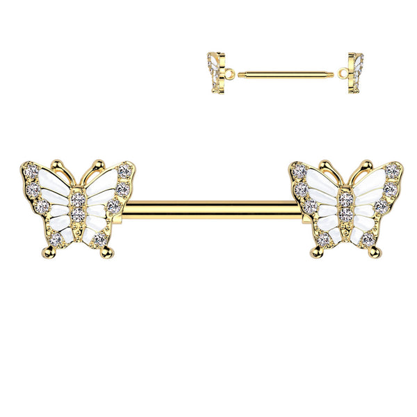 316L Surgical Steel Gold PVD White CZ Butterfly Nipple Ring Straight Barbell - Pierced Universe