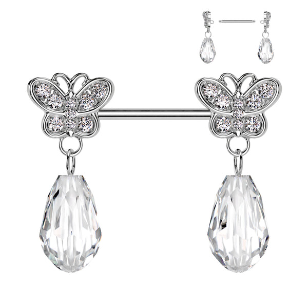 316L Surgical Steel Large White CZ Butterfly Clear Gem Dangle Nipple Ring Straight Barbell - Pierced Universe