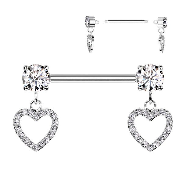 316L Surgical Steel White CZ Heart Outline Dangle Nipple Ring Straight Barbell - Pierced Universe