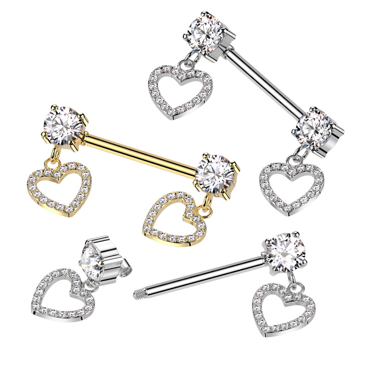 316L Surgical Steel Gold PVD White CZ Heart Outline Dangle Nipple Ring Straight Barbell - Pierced Universe
