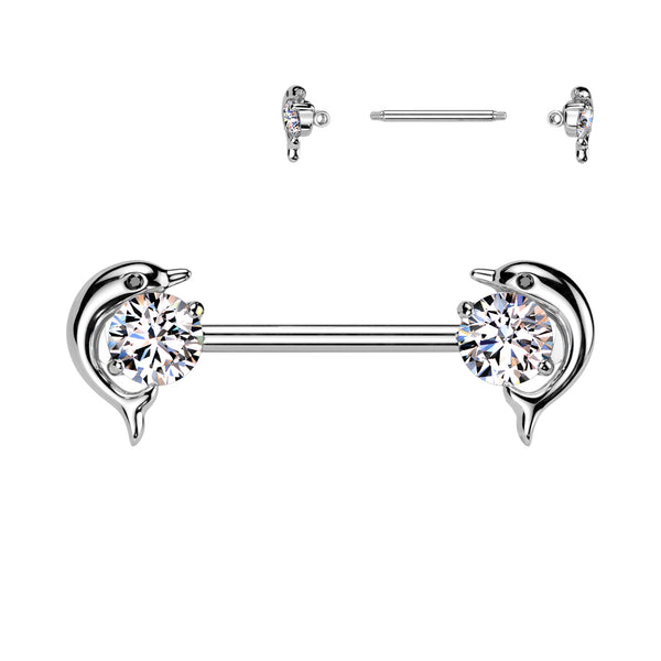 316L Surgical Steel White CZ Dolphin Nipple Ring Straight Barbell - Pierced Universe