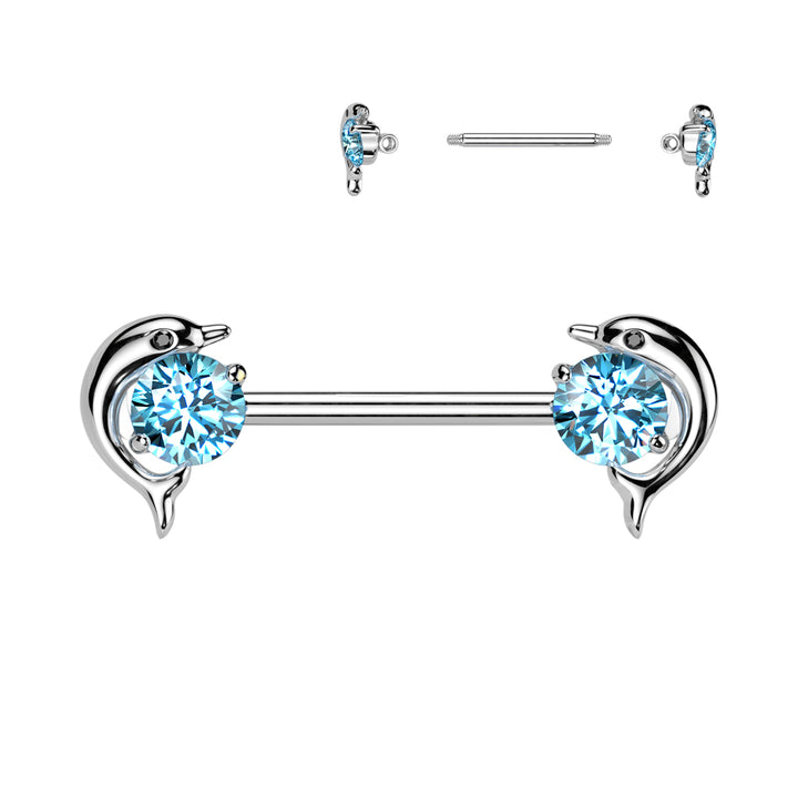 316L Surgical Steel Aqua CZ Dolphin Nipple Ring Straight Barbell - Pierced Universe
