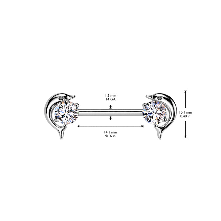 316L Surgical Steel Aqua CZ Dolphin Nipple Ring Straight Barbell - Pierced Universe
