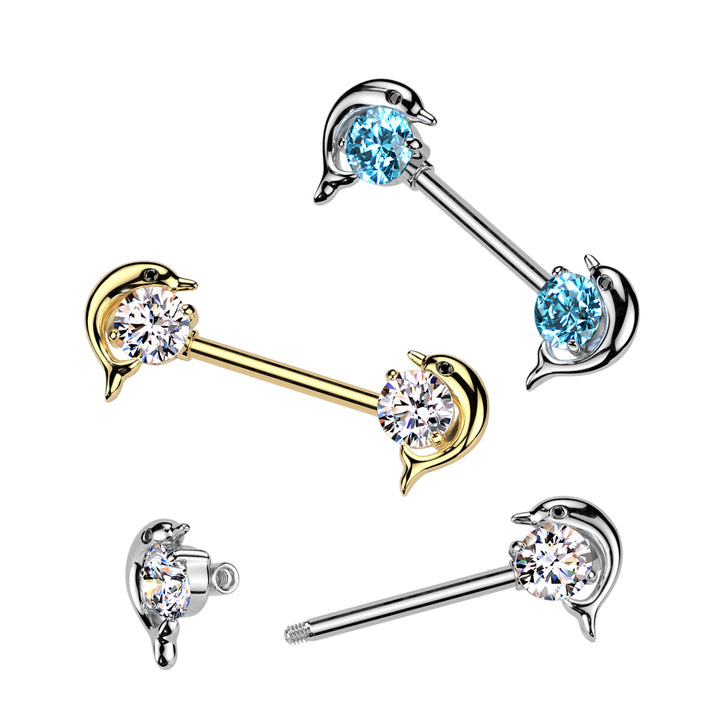 316L Surgical Steel Aqua CZ Dolphin Nipple Ring Straight Barbell - Pierced Universe