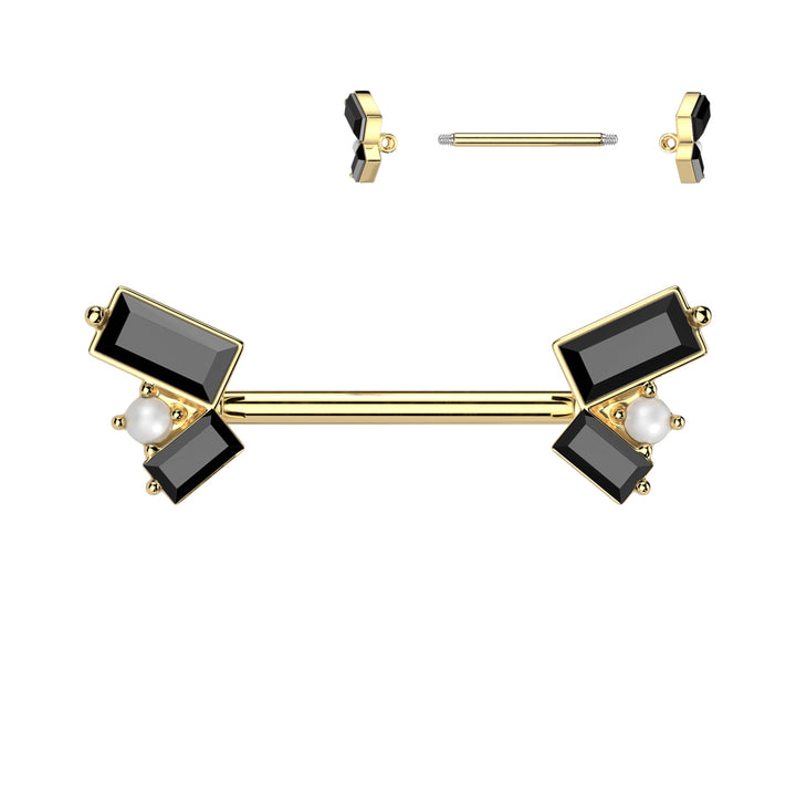 316L Surgical Steel Gold PVD Black CZ Baguette Pearl Cluster Nipple Ring - Pierced Universe