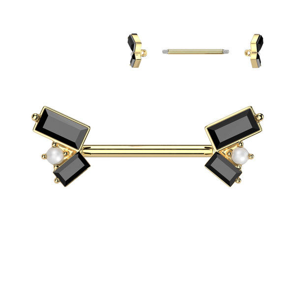 316L Surgical Steel Gold PVD Black CZ Baguette Pearl Cluster Nipple Ring - Pierced Universe