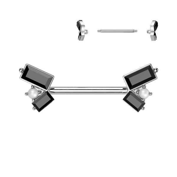 316L Surgical Steel Black CZ Baguette Pearl Cluster Nipple Ring - Pierced Universe