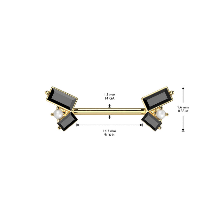 316L Surgical Steel Gold PVD Black CZ Baguette Pearl Cluster Nipple Ring - Pierced Universe