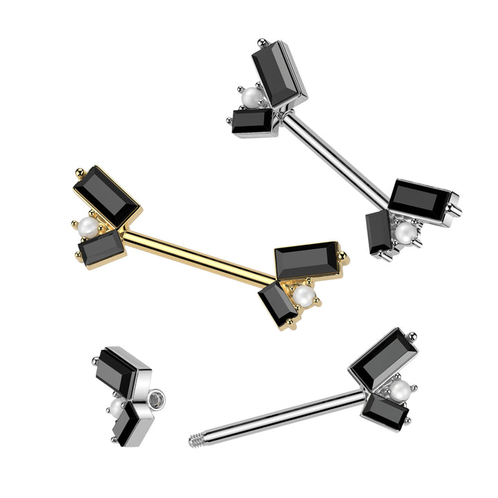316L Surgical Steel Gold PVD Black CZ Baguette Pearl Cluster Nipple Ring - Pierced Universe