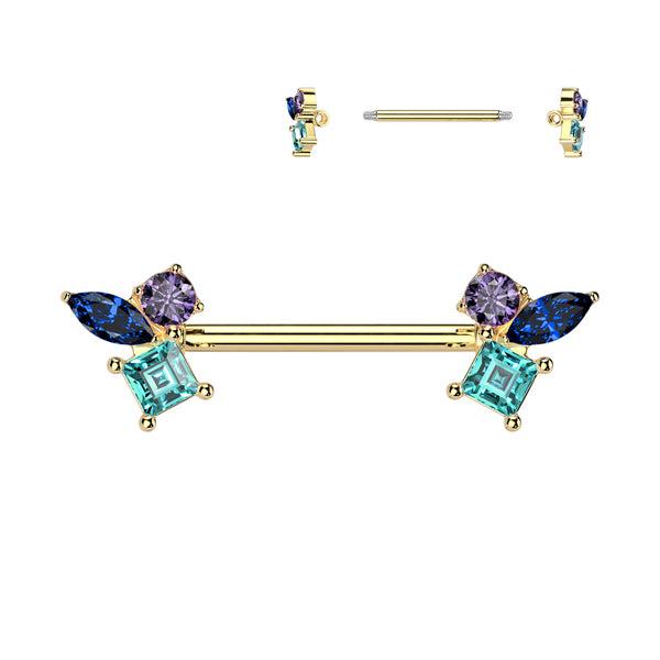 316L Surgical Steel Gold PVD Blue Aqua & Purple CZ Cluster Straight Barbell Nipple Ring - Pierced Universe
