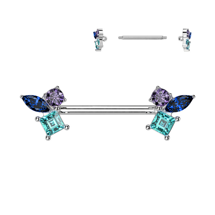 316L Surgical Steel Blue Aqua & Purple CZ Cluster Straight Barbell Nipple Ring - Pierced Universe