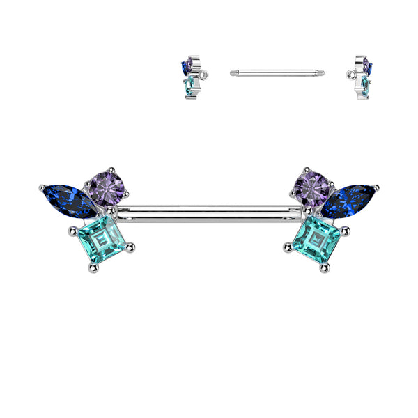 316L Surgical Steel Blue Aqua & Purple CZ Cluster Straight Barbell Nipple Ring - Pierced Universe