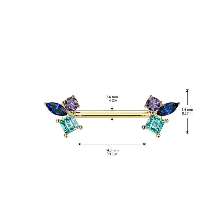 316L Surgical Steel Gold PVD Blue Aqua & Purple CZ Cluster Straight Barbell Nipple Ring - Pierced Universe