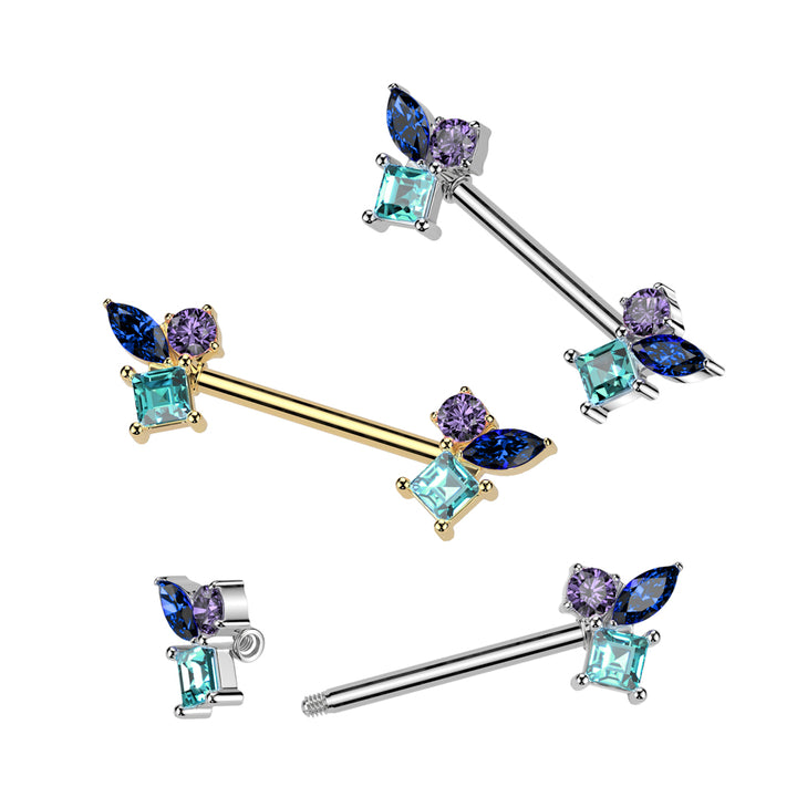 316L Surgical Steel Gold PVD Blue Aqua & Purple CZ Cluster Straight Barbell Nipple Ring - Pierced Universe