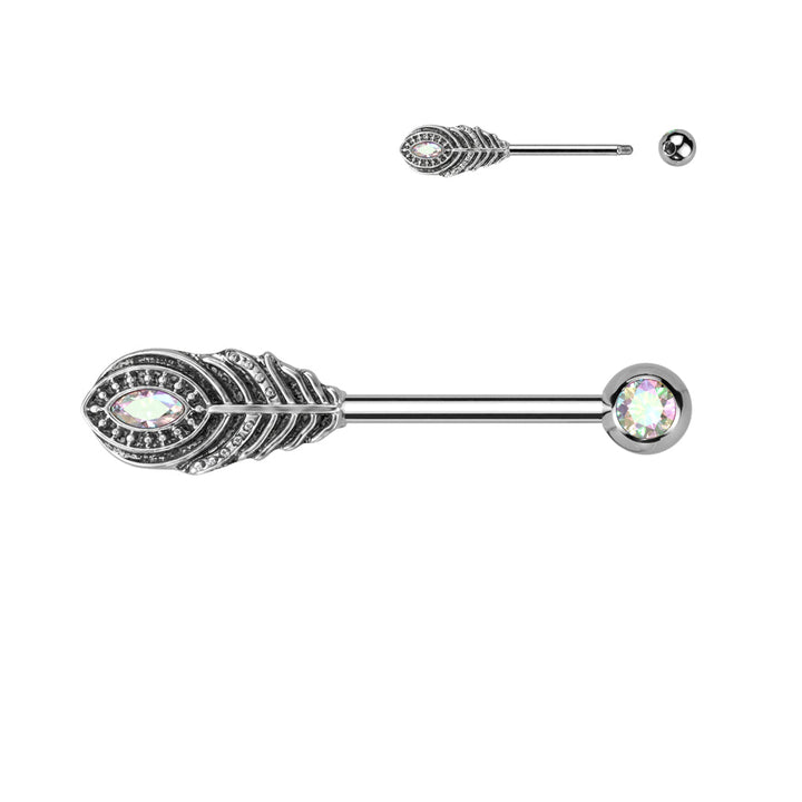 316L Surgical Steel Aqua CZ Peacock Feather Nipple Ring Straight Barbell - Pierced Universe