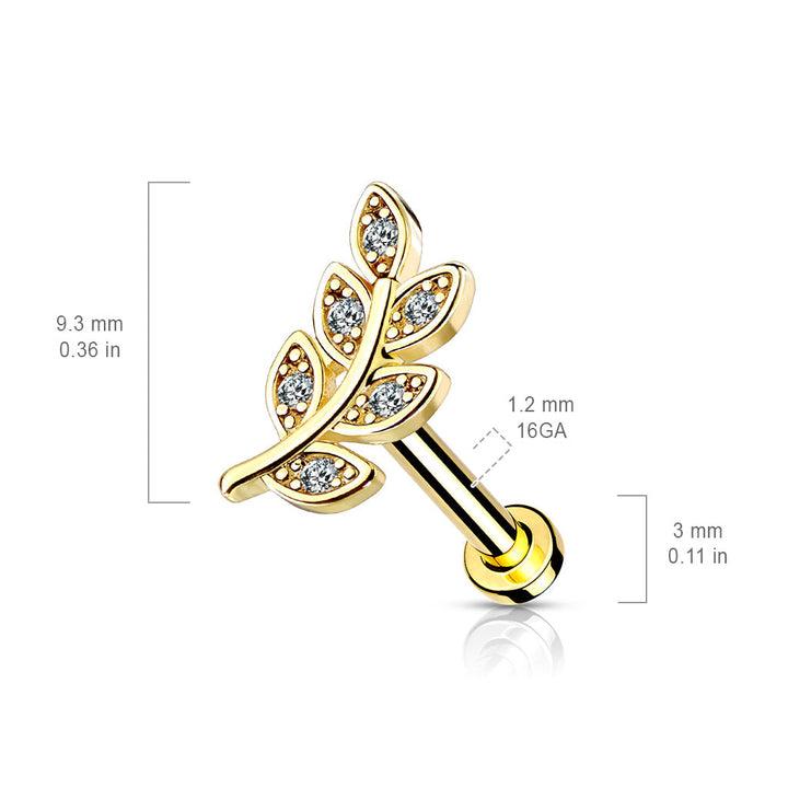 316L Surgical Steel Gold PVD White CZ Leaf Flat Back Labret - Pierced Universe