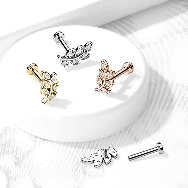 316L Surgical Steel Gold PVD White CZ Leaf Flat Back Labret - Pierced Universe