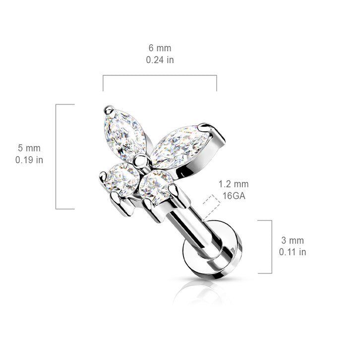 316L Surgical Steel White CZ Dainty Butterfly Flat Back Labret - Pierced Universe