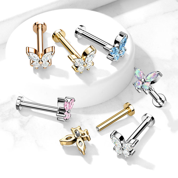 316L Surgical Steel White CZ Dainty Butterfly Flat Back Labret - Pierced Universe