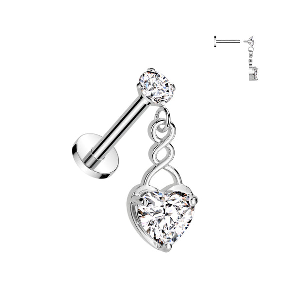 316L Surgical Steel White CZ Internally Threaded Heart Dangle Flat Back Labret - Pierced Universe