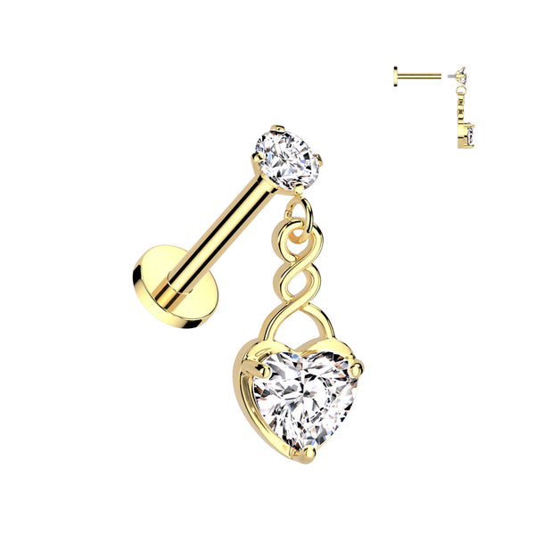316L Surgical Steel Gold PVD White CZ Internally Threaded Heart Dangle Flat Back Labret - Pierced Universe