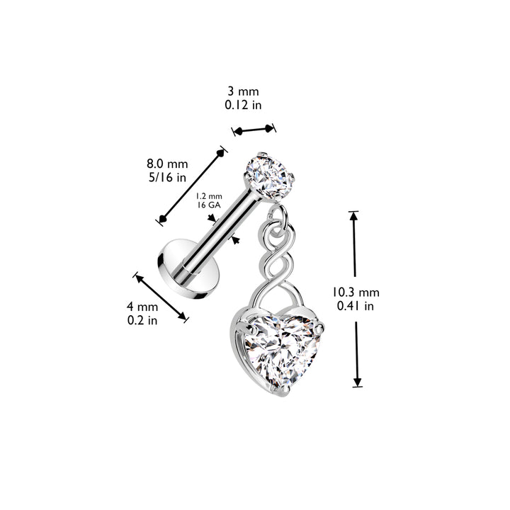 316L Surgical Steel Gold PVD White CZ Internally Threaded Heart Dangle Flat Back Labret - Pierced Universe