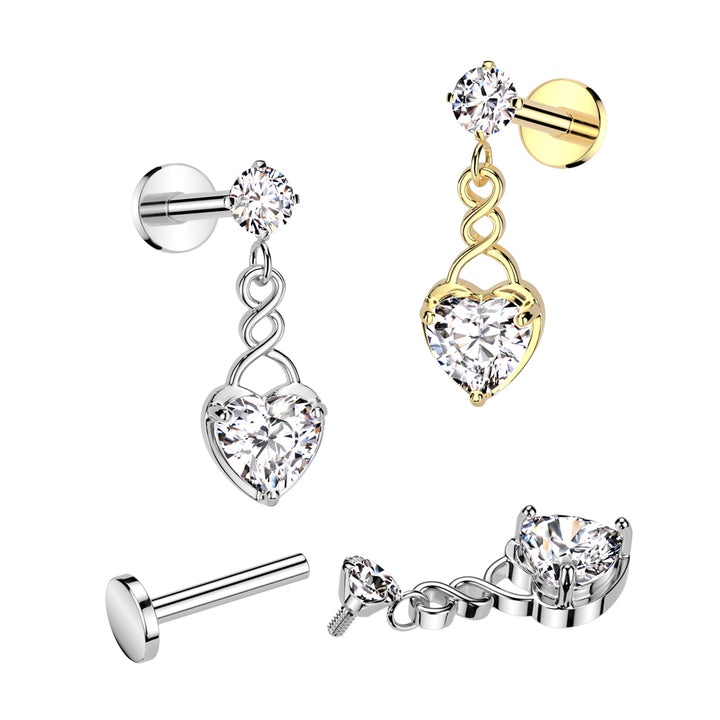 316L Surgical Steel Gold PVD White CZ Internally Threaded Heart Dangle Flat Back Labret - Pierced Universe