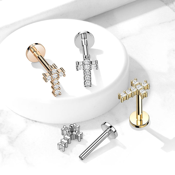 316L Surgical Steel Gold PVD White CZ Dainty Internally Threaded Cross Flat Back Labret - Pierced Universe