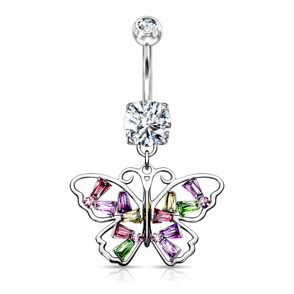316L Surgical Steel Large Multi Colour Gem Butterfly Dangle Belly Ring