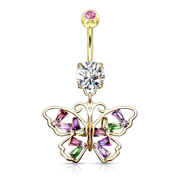 316L Surgical Steel Gold PVD Large Multi Colour Gem Butterfly Dangle Belly Ring