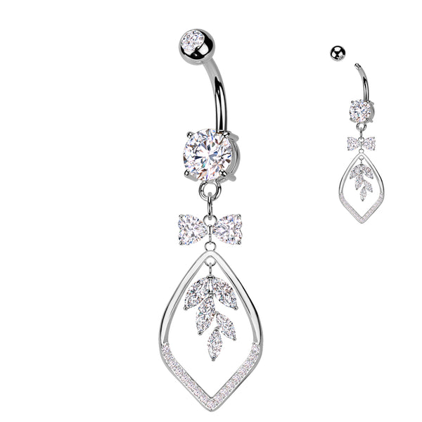 316L Surgical Steel White CZ Bow & Vine Dangle Belly Ring - Pierced Universe