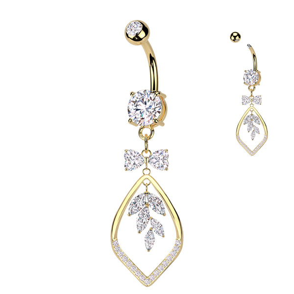 316L Surgical Steel Gold PVD White CZ Bow & Vine Dangle Belly Ring - Pierced Universe